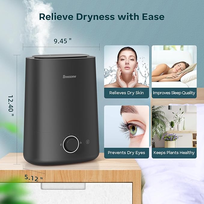 BREEZOME 5L Humidifiers for Bedroom, Ultrasonic Cool Mist Top Fill Humidifier & Essential Oil Diffuser, 360°Nozzle, Auto Shut-off, 50H Runtime, Quiet Humidifiers for Large Room, Baby Nursery, Plants