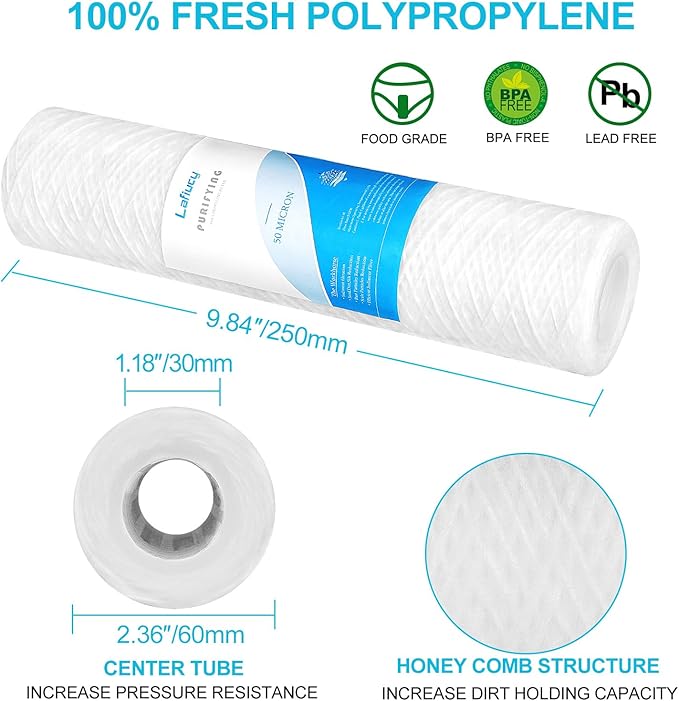 50 Micron 10" x 2.5" String Wound Sediment Water Filter Cartridge,5 Pack,Whole House Sediment Filtration, Universal Replacement for Most 10 inch RO Unit