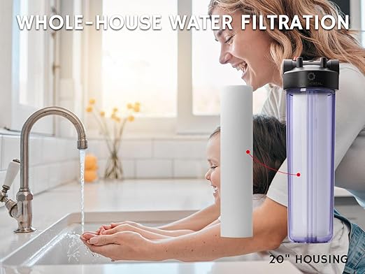 Airthereal Whole House Water Filter Housing, 20" x 4.5" Sediment Carbon Cartridge Universal Housing, Pre-Filtration System for Well and City Water with 1" NPT Port and Include 1-Pack PP Filter