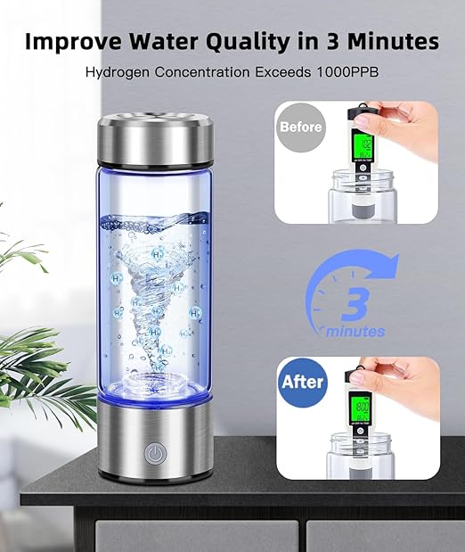 Premium Hydrogen Water Bottle with Advanced Electrolysis Technology, High Borosilicate Glass, Leak-Proof Design, 420ml Capacity, Enhances Skin Health, Sleep Quality, Metabolism, and Vitality