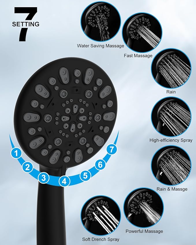 Hibbent Thickness 10'' Rain Shower Head, High Pressure Handheld Spray, Showerhead Combo with 16'' Adjustable Arc Shower Extension Arm, 7 Settings, 71'' Hose, Adhesive Shower Holder, Matte Black
