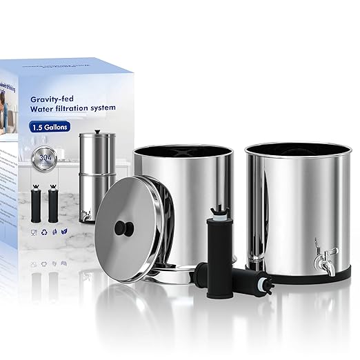 Purewell 1.5G Stainless Steel Countertop Gravity-Fed Water Filter System, NSF/ANSI 42&372 Certification, Reduces up to 99% of Chlorine,2 Black Purification Elements, for Home, RVing, Camping, Outdoor