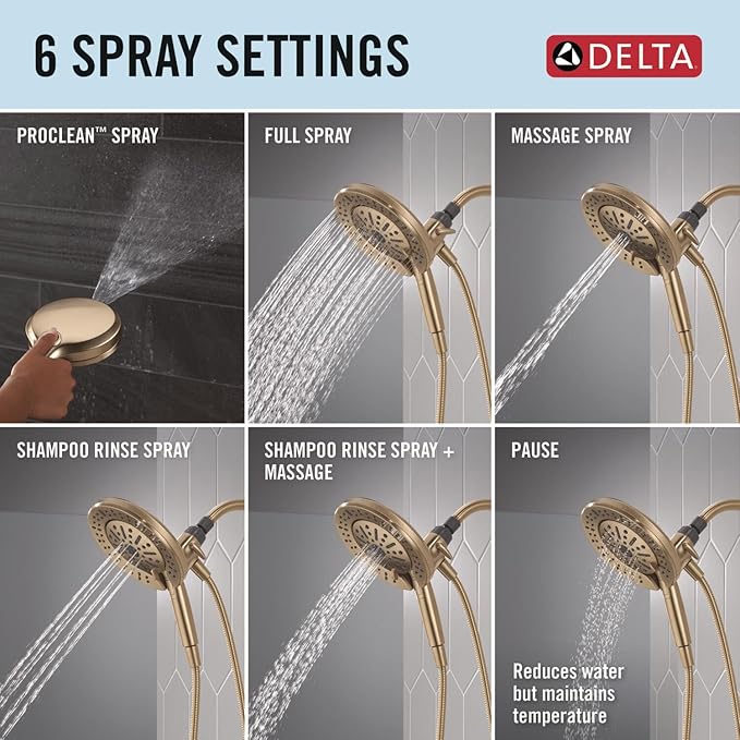 Delta 6-Setting In2ition 2-in-1 Dual Shower Head with Handheld High Pressure ProClean Spray, Brushed Gold Detachable Shower Head with Hose, 1.75 GPM Flow Rate, Champagne Bronze 75655CZ