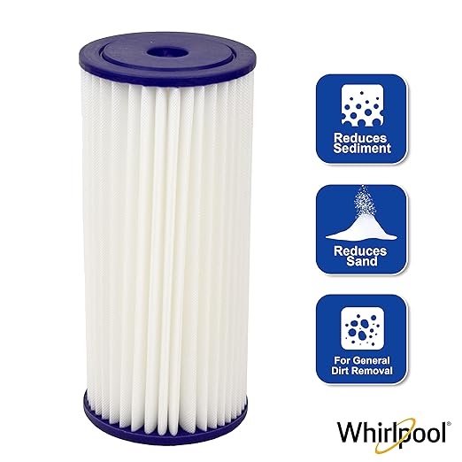 Whirlpool WHKF-WHPLBB Whole House Large Capacity Pleated Sediment Filter, NSF Certified 20-30 Micron Reduces Sand, Soil, Silt & Rust, Fits 4.5" Diameter Standard Home Water Filter Housings