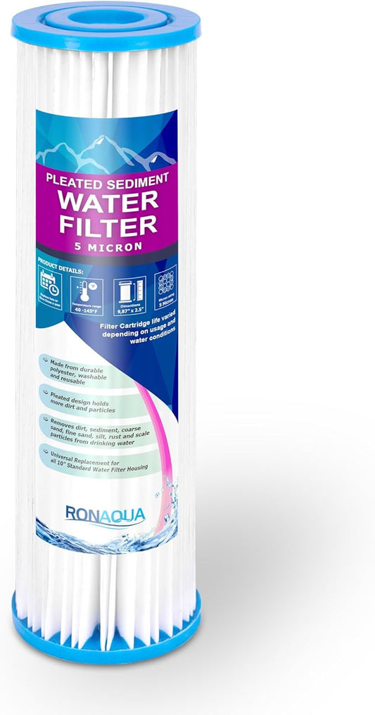 Pleated Sediment Water Filter Cartridge 9.87”x 2.5” Amplified Surface Area, Removes Sand, Dirt, Rust, Extended Filter Life WELL-MATCHED with WHKF-WHPL, 801-50, WB-50W, WFPFC3002, SPC-25-1050