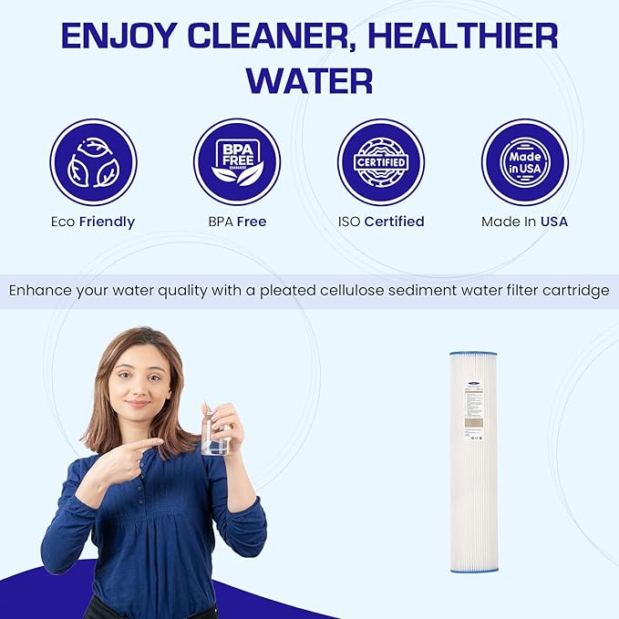 Crystal Quest Pleated Cellulose Sediment Cartridge - 4-5/8" x 20" - 5 Micron Filtration - Durable & Long-Lasting - High Dirt-Holding Capacity - Fits Residential & Commercial Systems