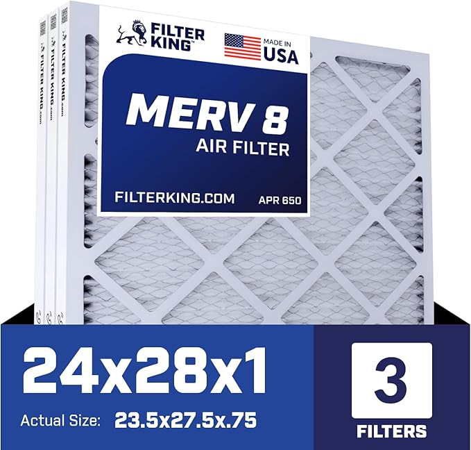 Filter King 24x28x1 Air Filter | 3-PACK | MERV 8 HVAC Pleated A/C Furnace Filters | MADE IN USA | Actual Size: 23.5 x 27.5 x .75"
