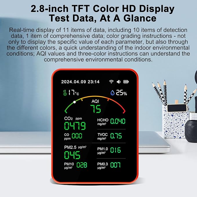 15-in-1 Air Quality Monitor Smart Air Quality Tester with CO2/HCHO/TVOC/AQI/PM0.3/PM1.0/PM2.5/PM10/Temperature/Humidity/Time/Alarm Clock/Timer/Countdown Timer Mobile APP WiFi for Home & Office