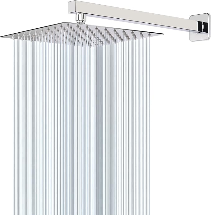 HarJue Shower Head with Extension Arm, High Pressure Square with ShowerArm, Stainless Steel Rainfall -Waterfall Full Body Coverage (10'' Shower with 16'' Arm, Chrome)