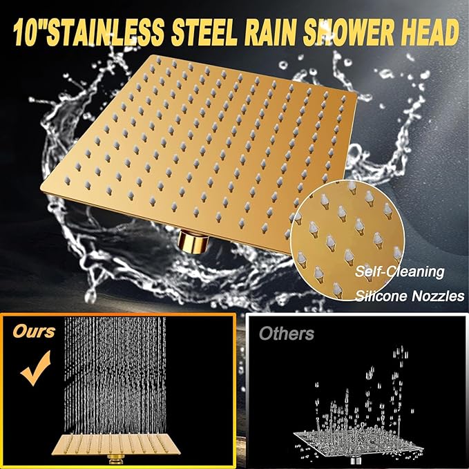 10'' Square Rain Shower Heads with Handheld, High Pressure Shower Head Combo with 11'' Adjustable Extension Arm, All Metal Shower Wand with 78'' Anti-Leak Shower Hose, 3 Way Diverter Valve, Gold