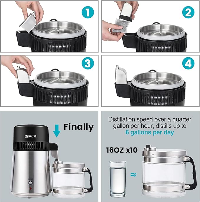 DC HOUSE Water Distiller 1 Gallon Distilled Water Machine, Stainless Steel Water Distillers for Home Countertop, 750W Distilled Water Maker Tabletop Distiller to Make Clean Water