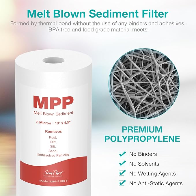 SimPure 5 Micron 10" x 4.5" Sediment and Carbon Water Filters Combo, Whole House Replacement Water Filter Cartridges for GE FXHTC, GXWH40L, WGB21B, FP15B, FC15B, 4-Pack
