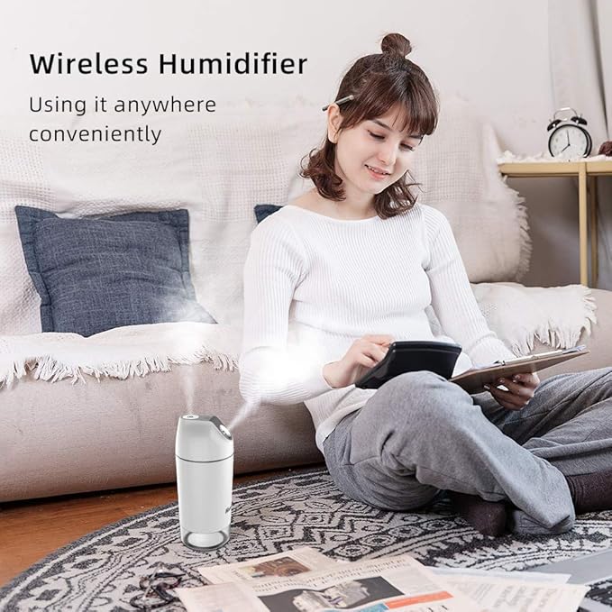 HandFan Small Portable Humidifier Rechargeable, 140ml/h Wireless Ultrasonic humidifier Battery Operated, Mini Personal Cordless Cool Mist Humidifiers, for Bedroom Office Travel Car Plants(Gray)