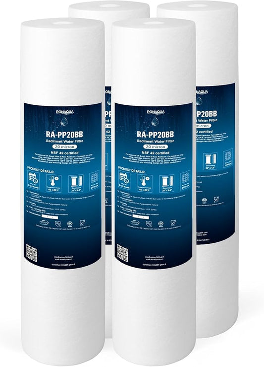 Ronaqua 20" x 4.5" Big Sediment Replacement Water Filter Cartridge, 20 Micron, NSF Certified, for Whole House, Compatible with 155358-43, 2PP20BB1M, AP810-2, FPMB-BB5-20, P5-20BB, SDC-45-2005, 4 Pack