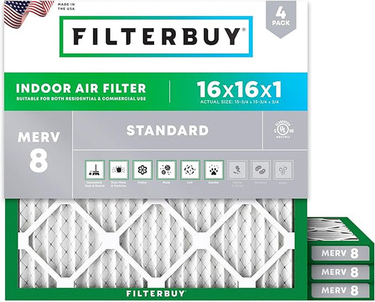 Filterbuy 16x16x1 Air Filter MERV 8 (MPR 700) Dust Defense Replacement (4-Pack), Electrostatic Pleated HVAC AC Furnace Filters, Made in USA (Actual Size: 15.75 x 15.75 x 0.75)