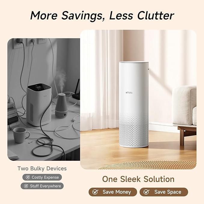 Afloia Humidifier and Air Purifier in One, Air Purifier and Evaporative Humidifier Combo for Home, 24dB Quiet Air Cleaner Remove Pets Dust Dander Hair Allergy Pollen Smoke Smell for Room