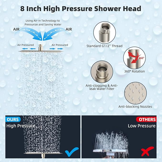 Hibbent All Metal 8'' Rainfall Shower Head, Shower Head Combo, High Pressure Handheld Shower Wand, 4 Sprays, 16'' Adjustable Arc-shaped Extension Arm, 71'' Hose, Showerhead Holder, Brushed Nickel