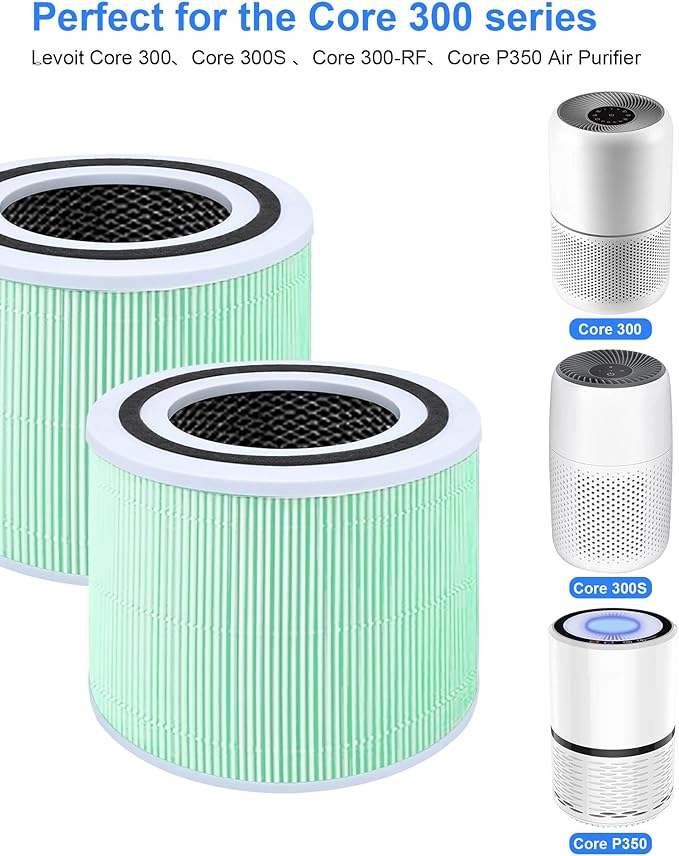 Core 300 High Efficiency Air Purifier Replacement Filter for Levoit Core 300, Core 300S Core 300-RF,Core P350,3-in-1 Activated Carbon Filter, 2 Pack（Green）