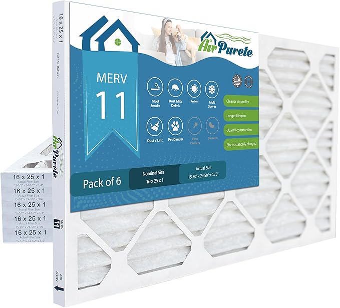 16x25x1 HIGH CAPACITY Furnace Filter | AirPurete AP- 3M16251 | Actual Size 15 1/2" x 24 1/2" x 3/4" | MERV 11 | Pack of 6 | Manufactured in United States