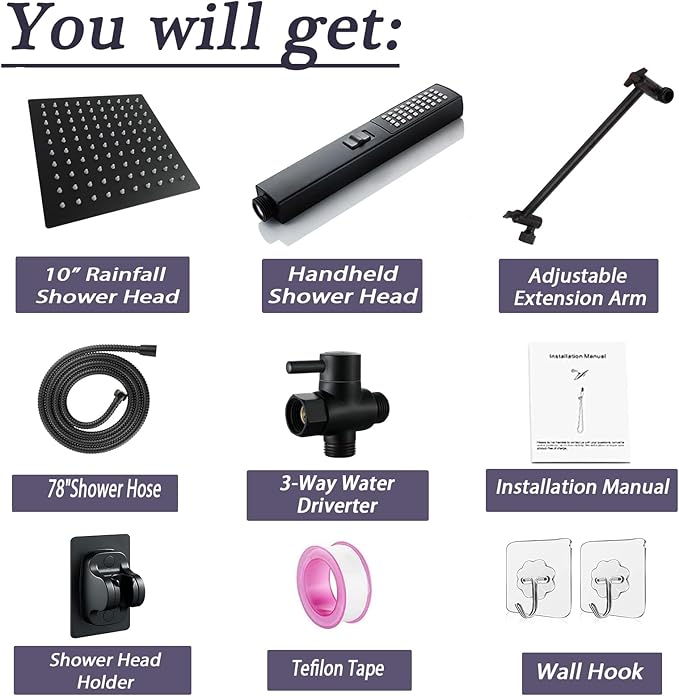 10" High Pressure Square Rainfall Shower Head and 2-in-1 Hand Shower,Rainfall Showerhead with 11" Shower Arm,Equipped with 78"Hose,Adhesive Shower Head Holder (Square Black Shower Head Set)