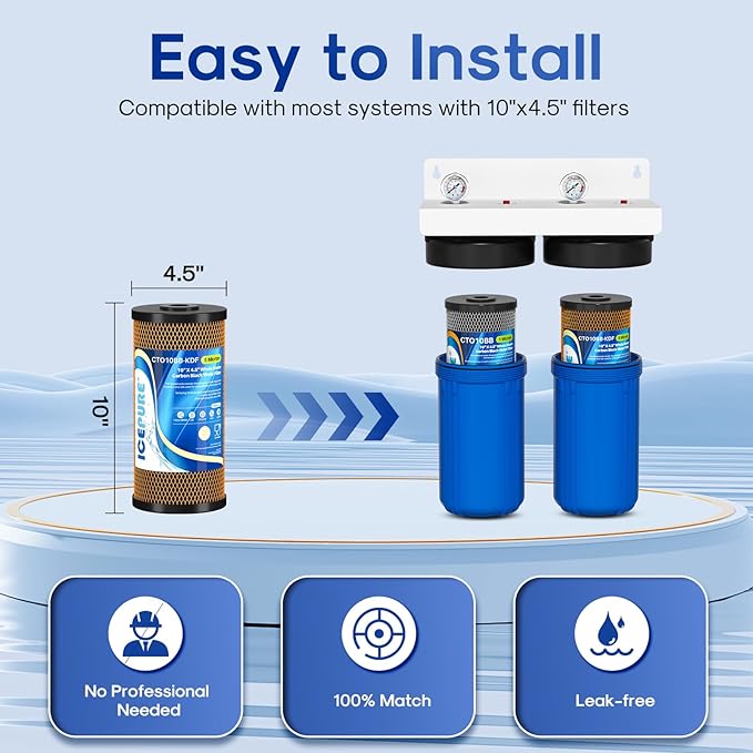 ICEPURE 10" x 4.5" Whole House Sediment Activated Carbon Water Filter Set, 10 Inch CTO Carbon Filter and KDF Heavy Metal Removal Cartridge Replacement for 2-Stage Water Filtration System