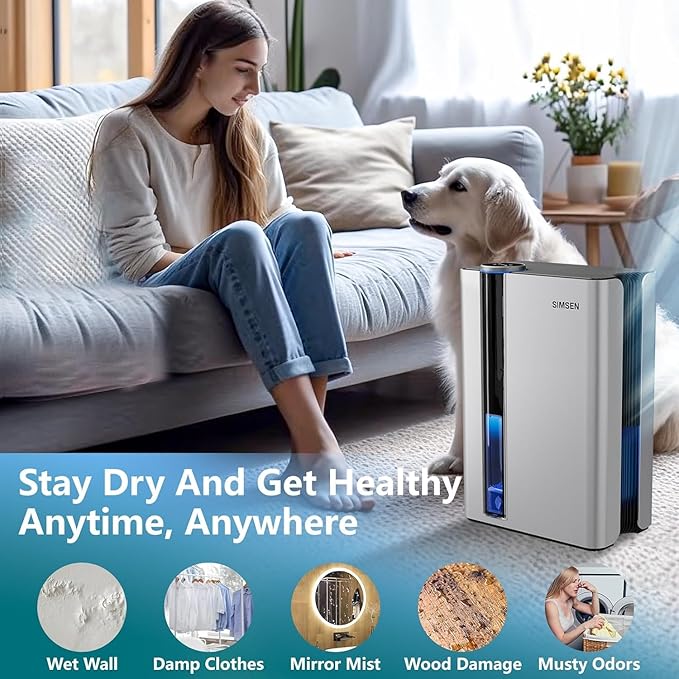 SIMSEN 95oz Dehumidifiers for Home, 800 sq ft Quiet Small Dehumidifier with Drain Hose, Dehumidifiers for Bedroom Bathroom Basements Closet RV (White)