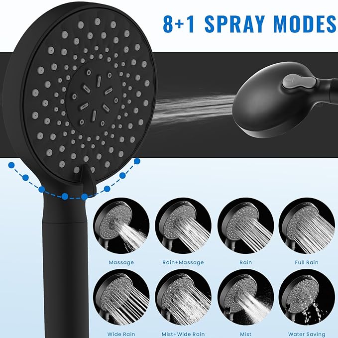 Filtered Shower Head with Handheld, High Pressure 9-Spray Modes Detachable Shower Head with Filter for Hard Water-Remove Chlorine & Impurities, Improve Skin & Hair Health, Matte Black