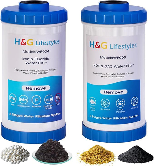H&G Lifestyles Whole House Water Filter for Well Water,Reduce Iron Manganese Fluoride GAC KDF Water Filer Cartridge, Chlorine Odor Heavy Metal Lead, Replacement for Any 10" x 4.5" Water Filter System