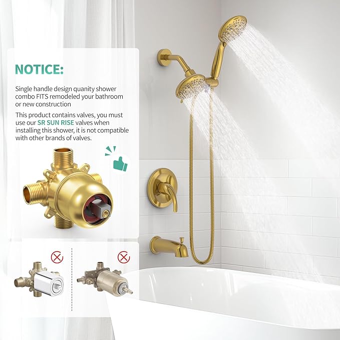 SR SUN RISE 5-Spray Dual Shower Head Cmbo Tub Faucet Set 3-Way Shower Head and Hand Held Shower Tub Faucets Sets Complete Single-Handle Tub and Shower Trim Kit, Brushed Gold (Valve Include）