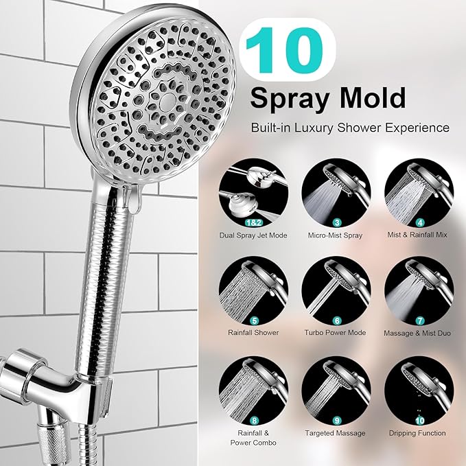 Filtered Shower Head with Handheld, 8+2 Modes High Pressure with Multi-Stage Filter Beads for Hard Water - Gentle on Skin & Hair, Long Stainless Steel Hose, Overhead Brackets, G1/2 Universal (Chrome)