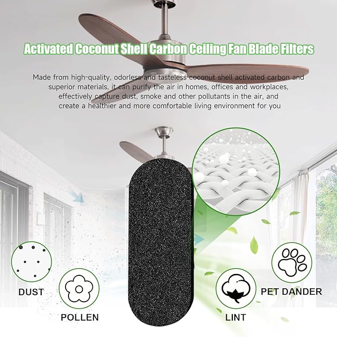 12 Pack Ceiling Fan Filters for Blades, Ceiling Fan Filter, Unscented Activated Coconut Shell Carbon Ceiling Fan Air Filter-Easy-Stick Ceiling Fan Air Filters, Universal Ceiling Fan Blade(10mm thick)