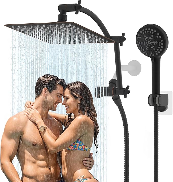 Hibbent All Metal Shower Head, 10'' High Pressure Rain Shower Head/Handheld Showerhead Combo with 16'' Adjustable Arc-shaped Extension Arm, 10 Sprays, 71'' Hose, Showerhead Holder, Oil Rubbed Bronze
