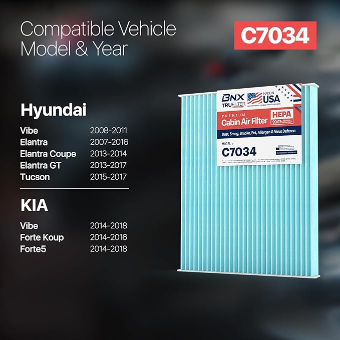 BNX TruFilter C7034 Cabin Air Filter, HEPA 99.97%, Compatible With Hyundai: Accent, Elantra, Elantra Coupe, Elantra GT, Tucson, Kia: Forte, Forte Koup, Forte5