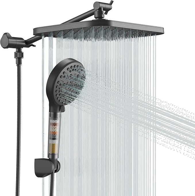 JOMOO Handheld Shower Head Combo, 10 Spray Modes High-Pressure Handheld Showerhead with 12" Square Rainfall Shower Combo, DOE Certified 2.5GPM Bathroom Filtered Shower Heads System, Matte Black