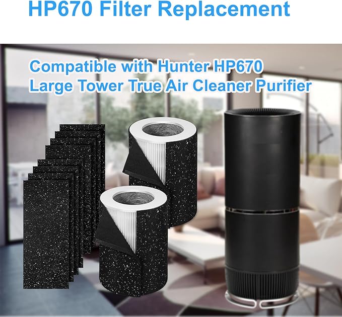 2+8 HP670 Replacement Filter-Compatible with Hunter HP670 Large Tower True Air Cleaner Purifier, Part# H-HP670-VP Filter,2*HP670 True HEPA Filter Replacement + 8*Activated Carbon Pre-Filter (2+8 Set)