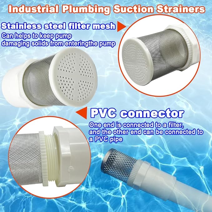 1 inch stainless steel filter cover connected to 1 inch/DN25 PVC water pipe, Suction Strainers 360 degree mesh rapid filtration used to remove debris and reduce solid entry