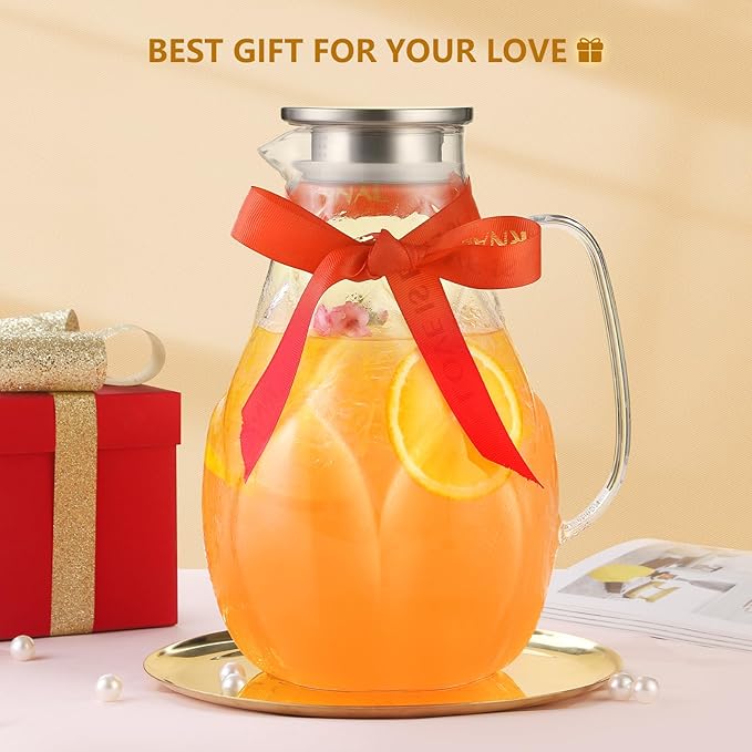 Glass Pitcher With Lid, 102oz Unique Petal Design, Stainless Steel Large Iced Tea Pitcher, Easy To Clean Lightweight Borosilicate Glass For Cold And Hot Beverages