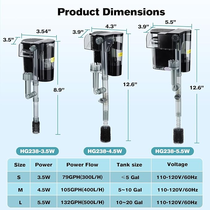 hygger Hang On Back Aquarium Filter, Small Fish Tank Filter Waterfall Filtration System, Adjustable Water Flow with Surface Skimmer, Replaceable Sponge Quiet Hanging Filter for Tank 5~10 Gal