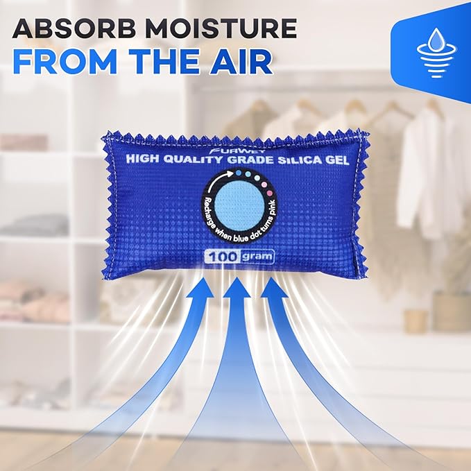 12 Pack Rechargeable Desiccant Packs, 100g Each, Blue, Color Indicating Silica Gel Dehumidifier Bags for Storage, Closets, Cars, Bins