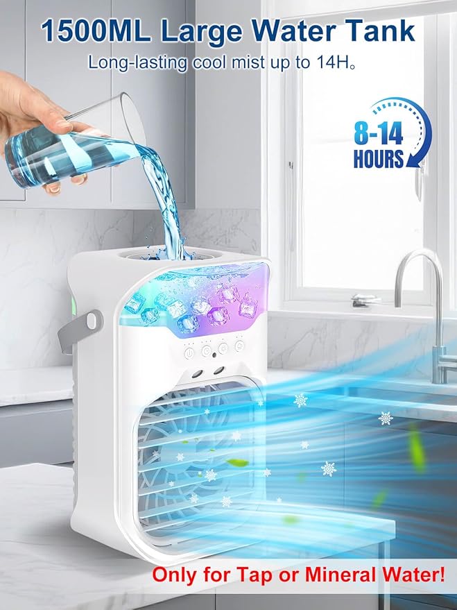 Portable Air Conditioner, 1500ML, Removable & Washable Fan Blades, Timer Function, 4 Speeds, 2 Cool Mists, 7-Color Light, Personal Evaporative Air Cooler for Home, Office, Bedroom, and Camping-White