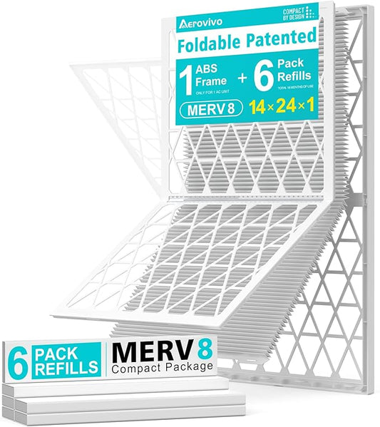 14x24x1 Refillable Air Filter Kit, MERV 8, 1 Reusable Foldable Frame ＆ 6 Refills, Fits Most AC HVAC Furnace Devices, Actual Size 13.75x23.75x0.75in