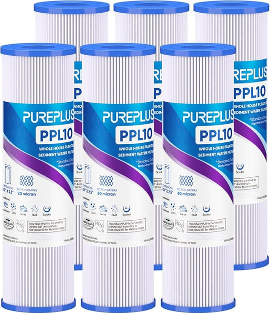 PUREPLUS 20 Micron 10"x2.5" Whole House Pleated Sediment Filter for Well Water, Replacement Cartridge for Universal 10 inch RO System, W50PE, WFPFC3002, SPC-25-1050, FM-50-975, 801-50, WB-50W, 6Pack