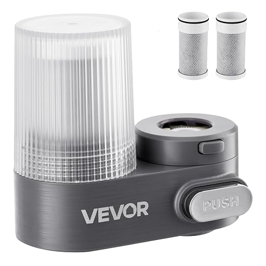 VEVOR Faucet Mount Water Filter, Vertical Water Purifier for Sink Tap, NSF Certified Carbon Fiber Filter, Removes Chlorine Lead with 3 Filters, Fits Most Kitchen or Bathroom Faucets, Gray
