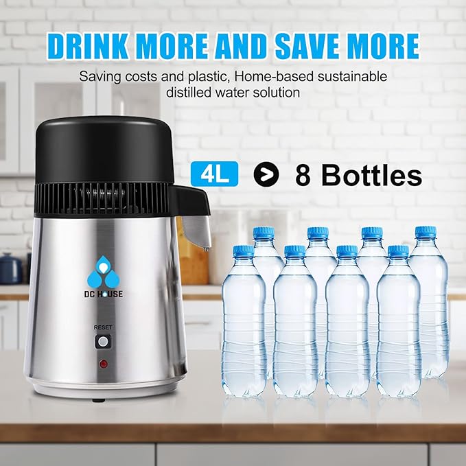 DC House Distilled Water Machine 1 Gallon, Stainless Steel Water Distiller for Home Countertop 110V 750W Purifier for Humidifier Office CPAP with Smart Switch, Glass Pot