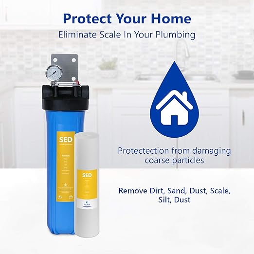 Express Water Whole House Water Filter, 1 Stage Home Water Filtration System, Sediment Filter, Includes Pressure Gauges, Easy Release, and 1 Inch Connections.