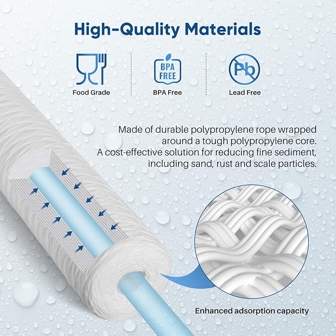 PUREPLUS 5 Micron 2.5" x 20" Whole House String Wound Sediment Filter for Well Water, Replacement Cartridge for Aqua Pure AP110-2C, Pentek P1-20/SP-P1-20/PX01-20, Watts FPMB5-20, WPP-F20-5, 6Pack
