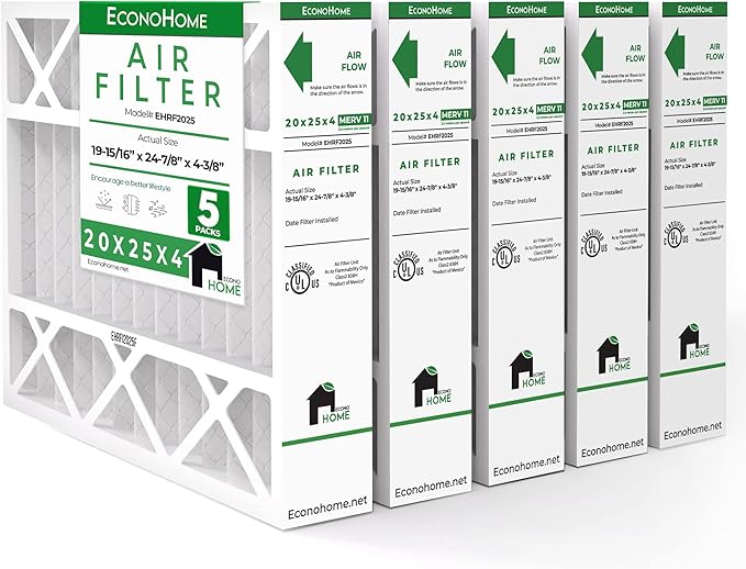 EconoHome 20x25x4 AC Furnace Pleated Air Filter MERV 11 Replacement – Allergen Defense, 5 Pack, Fits Lennox (X6673), Honeywell (FC100A1037) filters. (Actual size: 19.94 x 24.86 x 4.36 Inches)