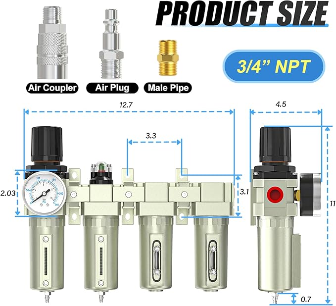 Heavy Duty Industrial Grade 3/4" NPT 4 Stage Air Drying System,Coalescing Filter,Particulate Filter,Double Desiccant Dryer and Air Regulator,Manual Drain,For Plasma Cutter and Paint Spray