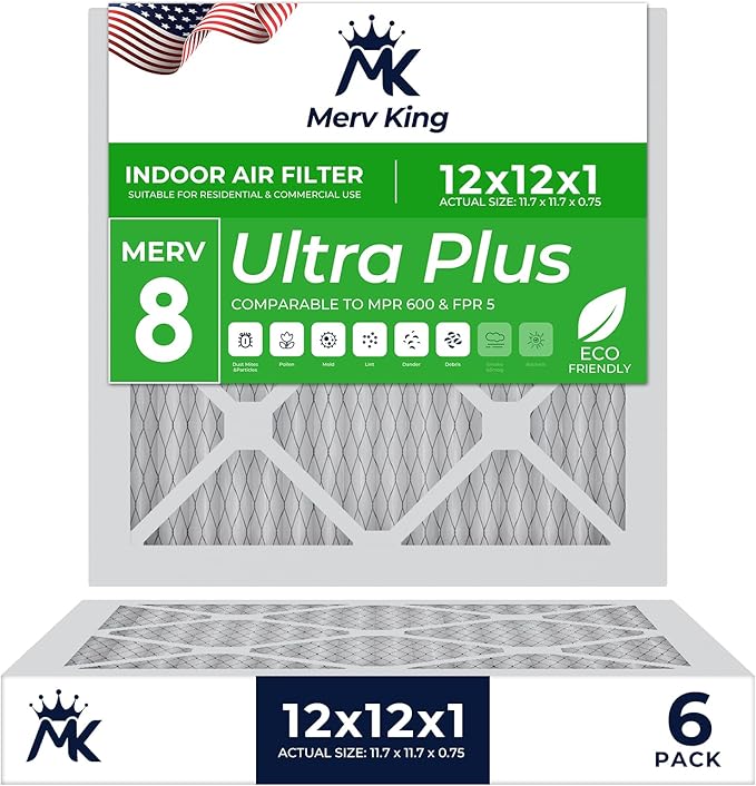 MervKing 12x12x1 Air Filter Actual Size: 11.7" x 11.7" x 0.75" MERV 8 MPR 600-700 | MADE IN USA | 6-Pack | Pleated HVAC AC Furnace Replacement