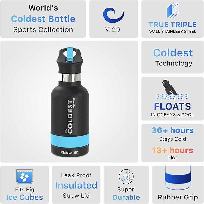 Coldest Insulated Water Bottle with Straw Lid - Stainless Steel Metal Insulated Bottle for Men & Women (Matte Black, 12 oz)